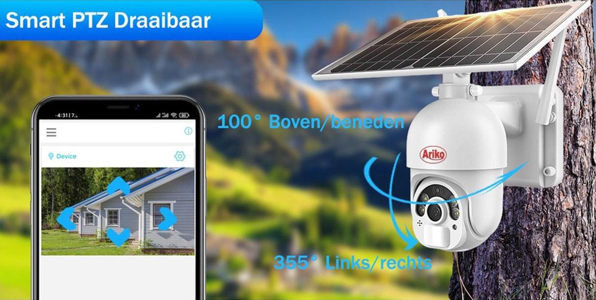 Ariko caméra PTZ mobile 2mp avec panneau solaire et 4G - avec audio - suivi de personne - manuel et support en néerlandais