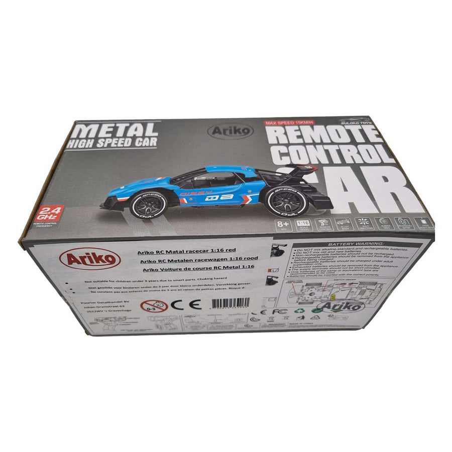 Ariko RC metalen raceauto - rubberen banden - zware oplaadbare accu en motor - 15 km per uur - 1:16 - inclusief 2 x Philips AA batterijen - oranje