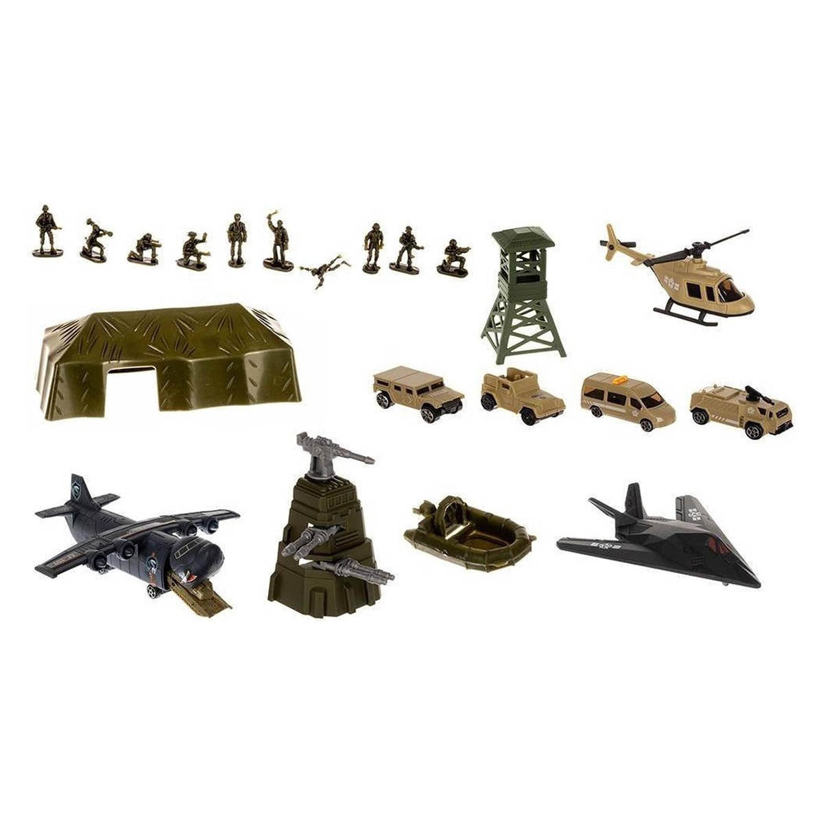Ariko Luxus-Spezialflughafen | Militärflugplatz | Flughafen-Spielzeug-Set | mit Spielzeugteppich | Parkplatz | Garage | Tankstelle | 3 Flugzeuge | 1 Hubschrauber | 1 Armeepanzer | 3 Fahrzeuge