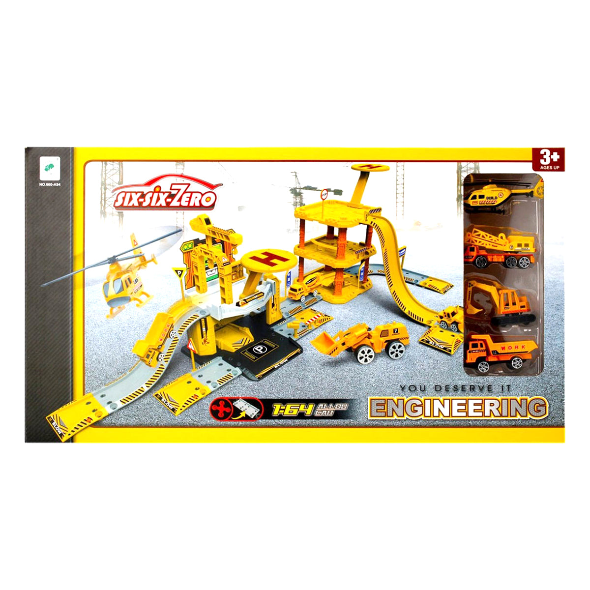 <tc>Ariko</tc> Parking garage Construction vehicle - Construction site - With excavator, box truck, helicopter, crane and gas station - 1:64 -