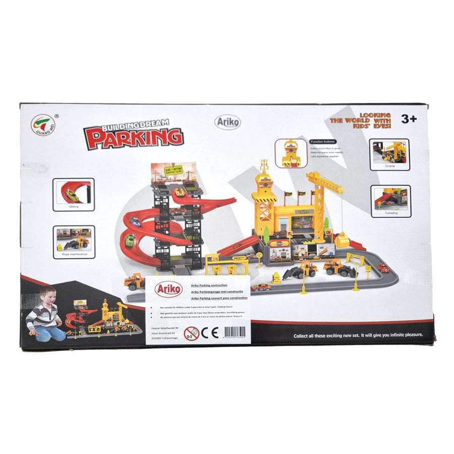 Ariko Parkeergarage met constructie gebouw - met werkende kraan, 5 auto's, 3 bulldozers, diverse verkeersattributen - met licht & geluid - inclusief 3 x Philips AA batterijen