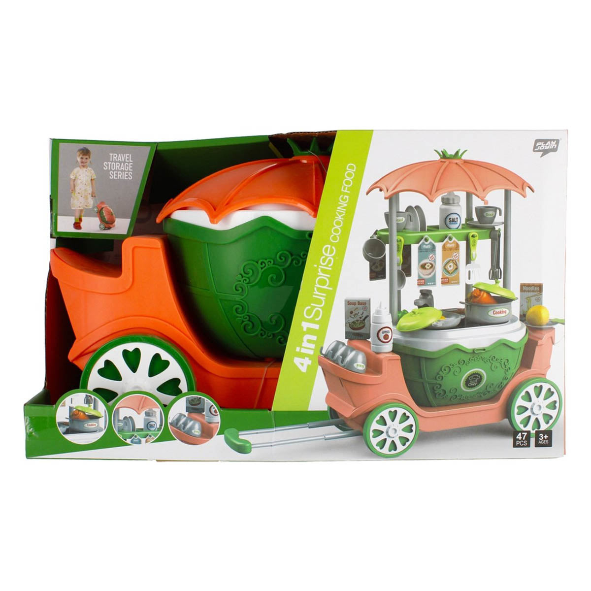 Ariko Spielzeugwagen Küche 47-teilig - Kochtöpfe, Gewürze, Geschirr, Spüle und vieles mehr - praktischer Koffer mit Rollen