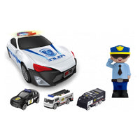 Thumbnail for <tc>Ariko</tc> XL police car set - no less than 1:64 - 3 extra cars - storage compartments in the car - policeman - with light and sound - including batteries