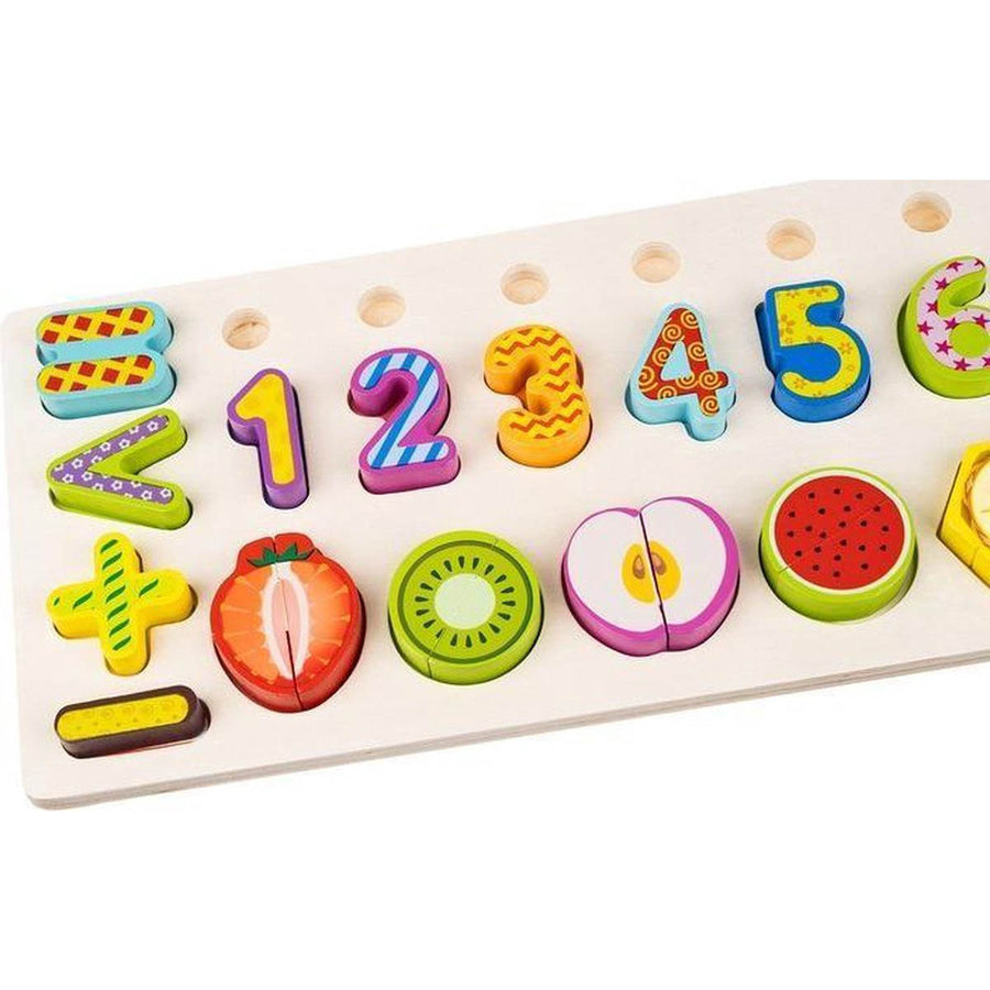 Ariko Educatief Houten 4-in-1 Cijfer en fruit Puzzel + Getallen Rekenpuzzel + Vormenpuzzel + Kleuren – Tellen en stapelen – Early Education Toy