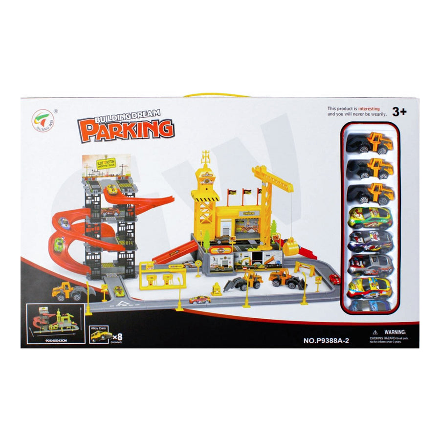 Ariko Parkeergarage met constructie gebouw - met werkende kraan, 5 auto's, 3 bulldozers, diverse verkeersattributen - met licht & geluid - inclusief 3 x Philips AA batterijen