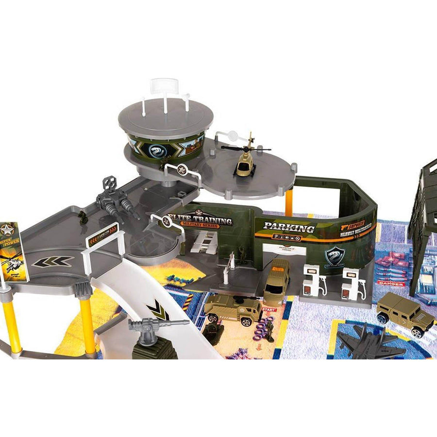 Ariko Luxe Special forces vliegveld | Militaire vliegbasis | Luchthaven Speelgoed set | met speelgoedkleed | Parking | Garage | Tankstation | 3 vliegtuigen | 1 helikopter | 1 legertank | 3 voertuigen