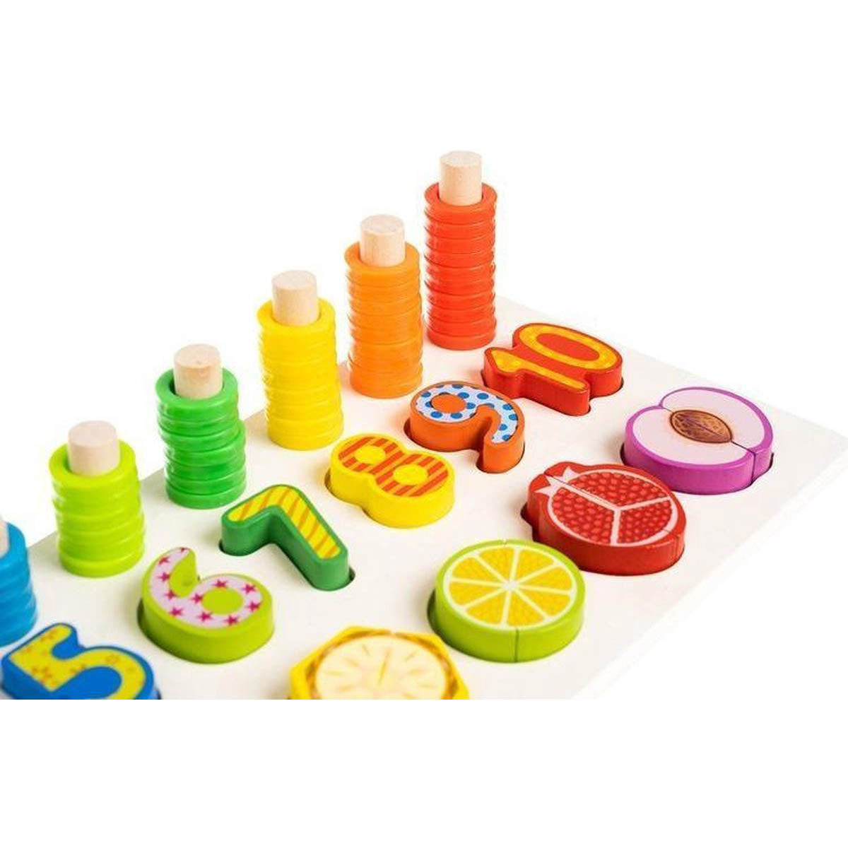 Ariko Educatief Houten 4-in-1 Cijfer en fruit Puzzel + Getallen Rekenpuzzel + Vormenpuzzel + Kleuren – Tellen en stapelen – Early Education Toy