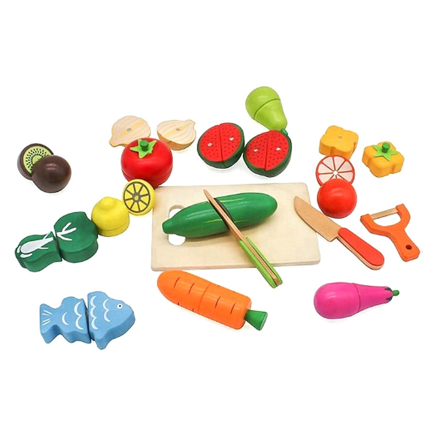 Ariko Houten Speelgoed set Fruit en Groente - 17 delig - Keuken accessoires - Winkeltje speelgoed - Speelgoedeten - Speelgoed fruit hout