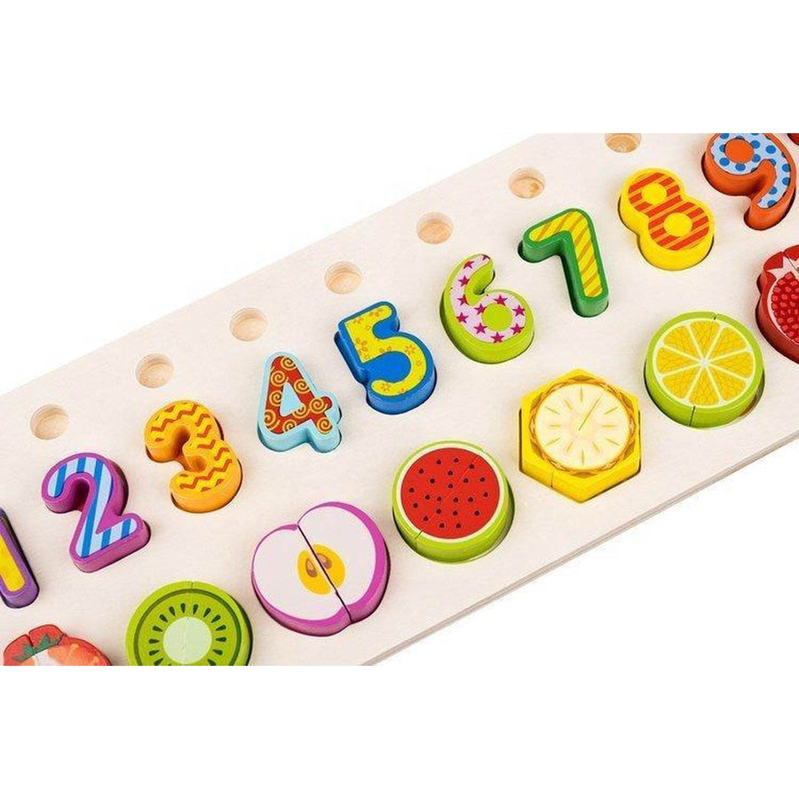 Ariko Educatief Houten 4-in-1 Cijfer en fruit Puzzel + Getallen Rekenpuzzel + Vormenpuzzel + Kleuren – Tellen en stapelen – Early Education Toy