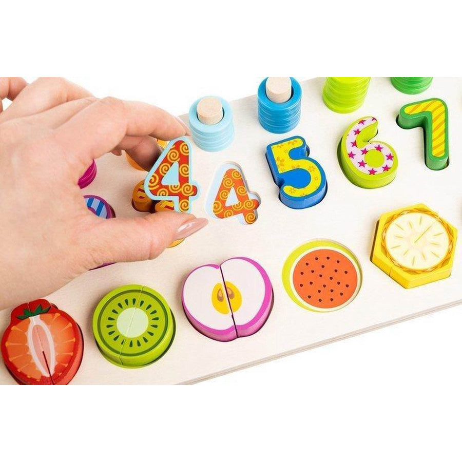 Ariko Educatief Houten 4-in-1 Cijfer en fruit Puzzel + Getallen Rekenpuzzel + Vormenpuzzel + Kleuren – Tellen en stapelen – Early Education Toy