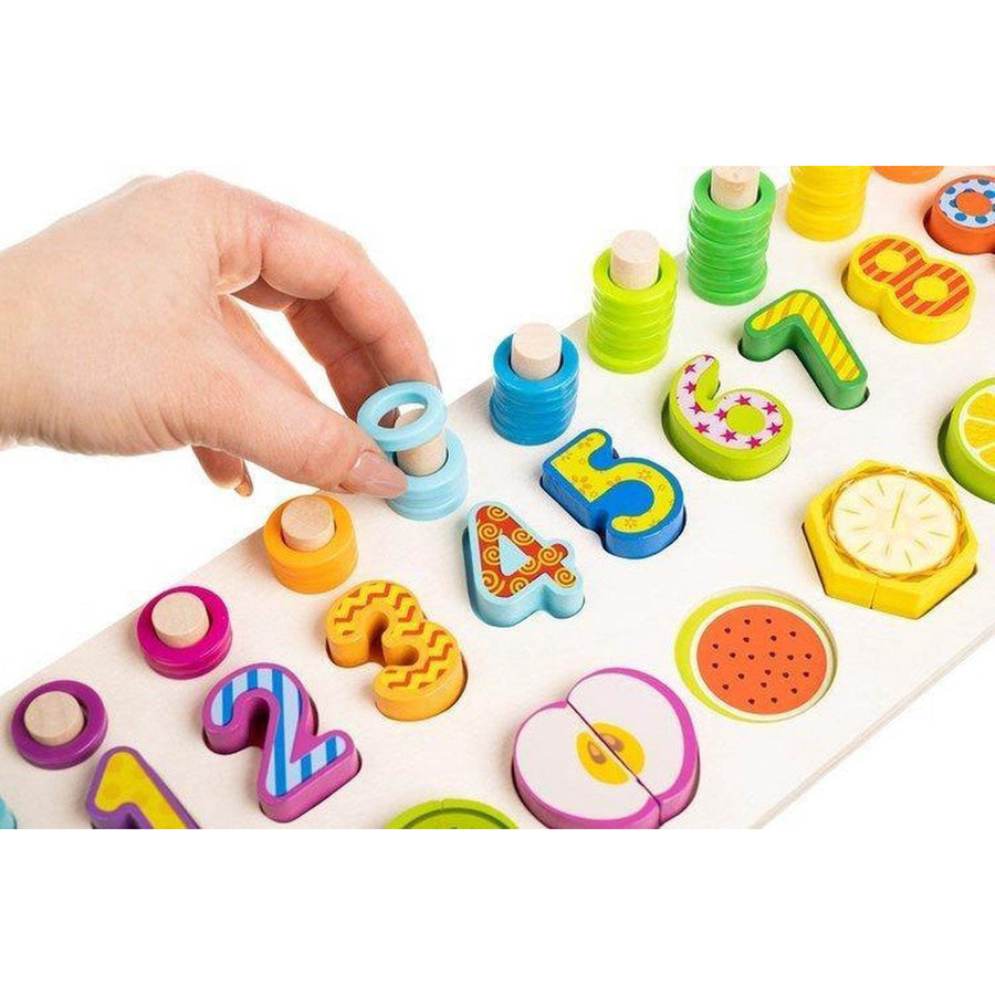 Ariko Educatief Houten 4-in-1 Cijfer en fruit Puzzel + Getallen Rekenpuzzel + Vormenpuzzel + Kleuren – Tellen en stapelen – Early Education Toy