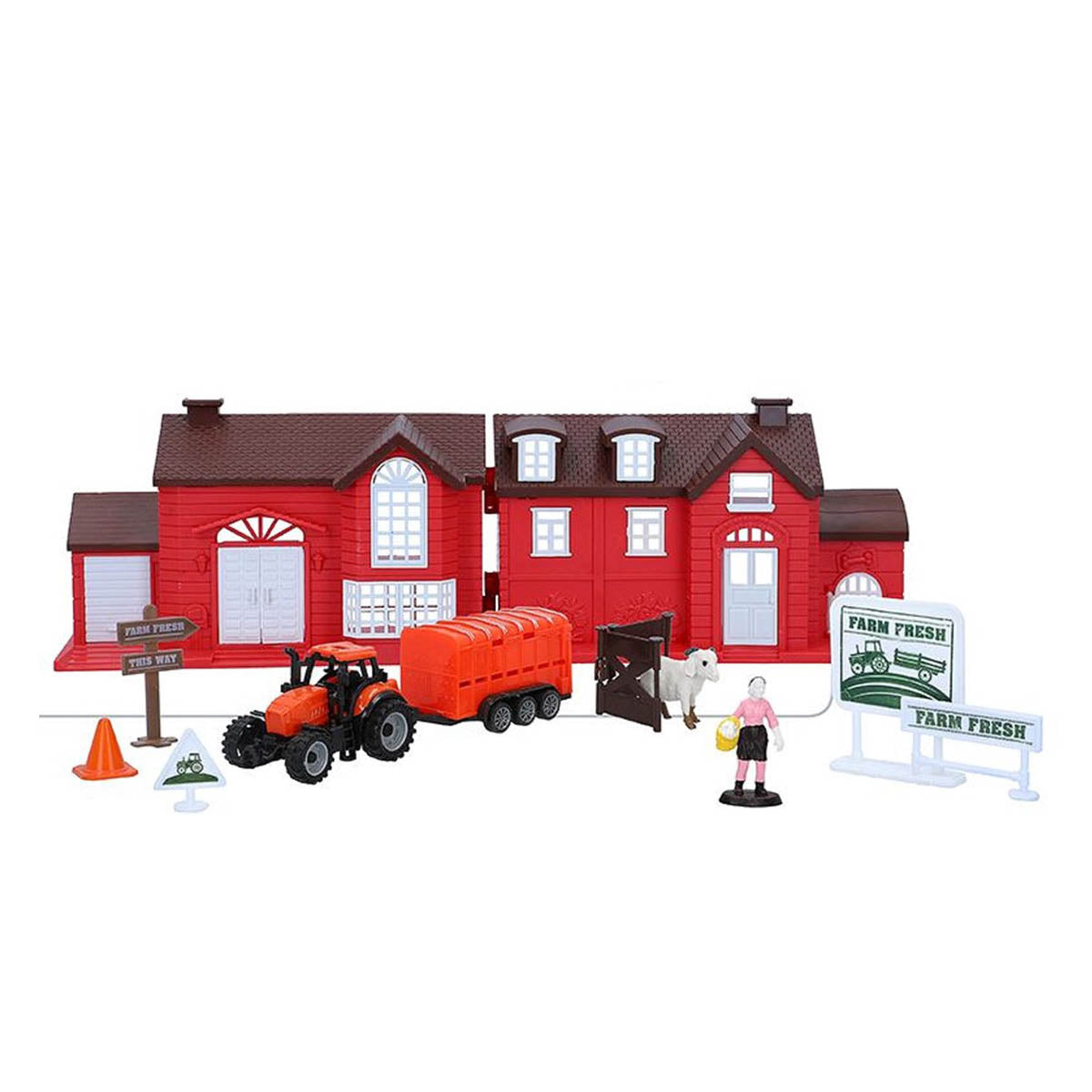 Ariko Bauernhof-Spielset - 11-teilig - mit Bauernhof, Traktor, Anhänger, Bäuerin, Schafen, Tellern und Zäunen