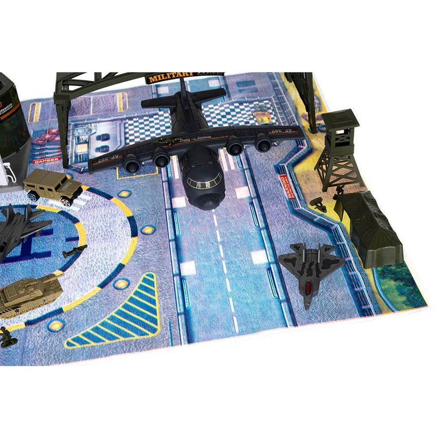 Ariko Luxe Special forces vliegveld | Militaire vliegbasis | Luchthaven Speelgoed set | met speelgoedkleed | Parking | Garage | Tankstation | 3 vliegtuigen | 1 helikopter | 1 legertank | 3 voertuigen