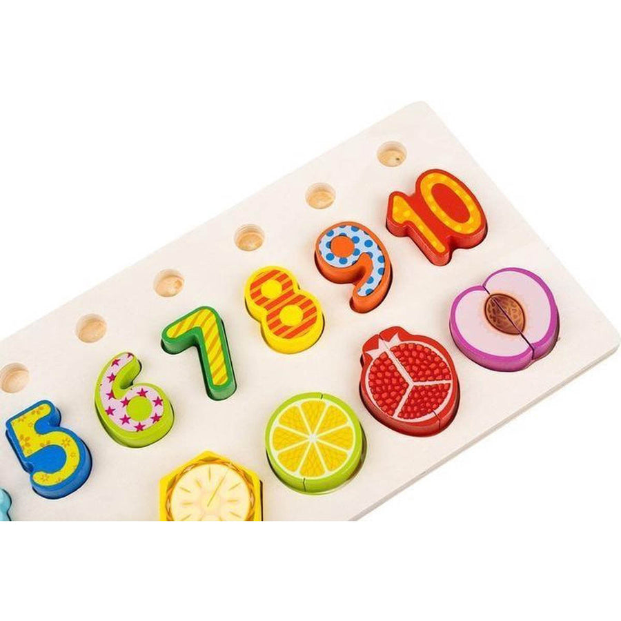 Ariko Educatief Houten 4-in-1 Cijfer en fruit Puzzel + Getallen Rekenpuzzel + Vormenpuzzel + Kleuren – Tellen en stapelen – Early Education Toy