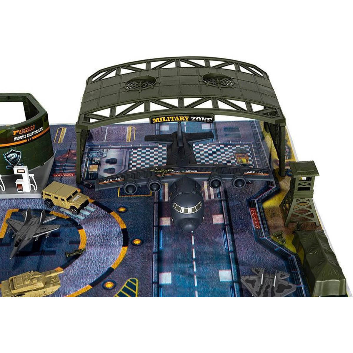 <tc>Ariko</tc> Luxury Special forces airfield | Military Air Base | Airport Toy set | with toy rug | Parking | Garage | Gas station | 3 aircraft | 1 helicopter | 1 army tank | 3 vehicles