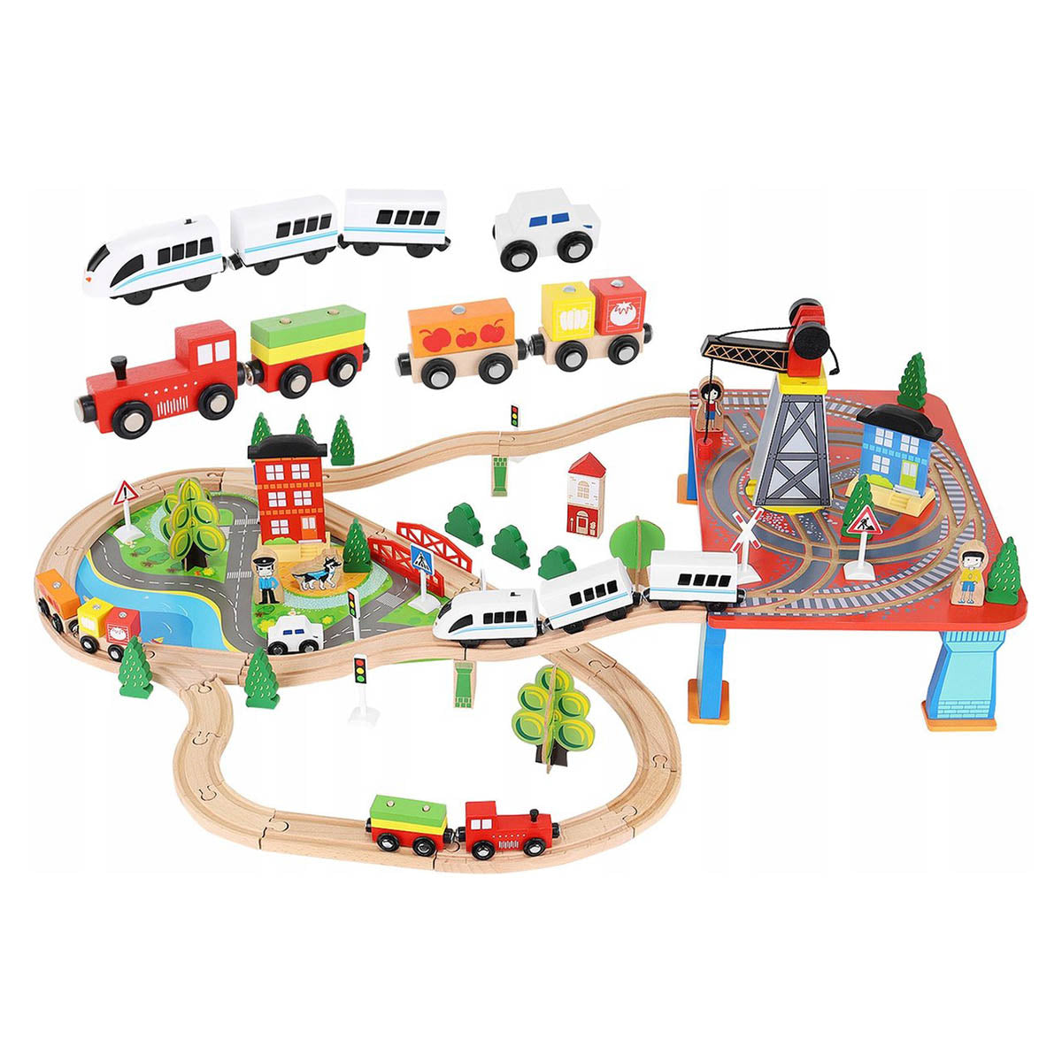 XXL Elektrische Houten Treinbaan Set - Set Met Elektrische Trein Met Locomotief - Speelgoedtrein Spoorbaan Rails - Spoorweg Treinset Electrisch - Treinset - 88-Delig - 330 Centimeter - Ariko