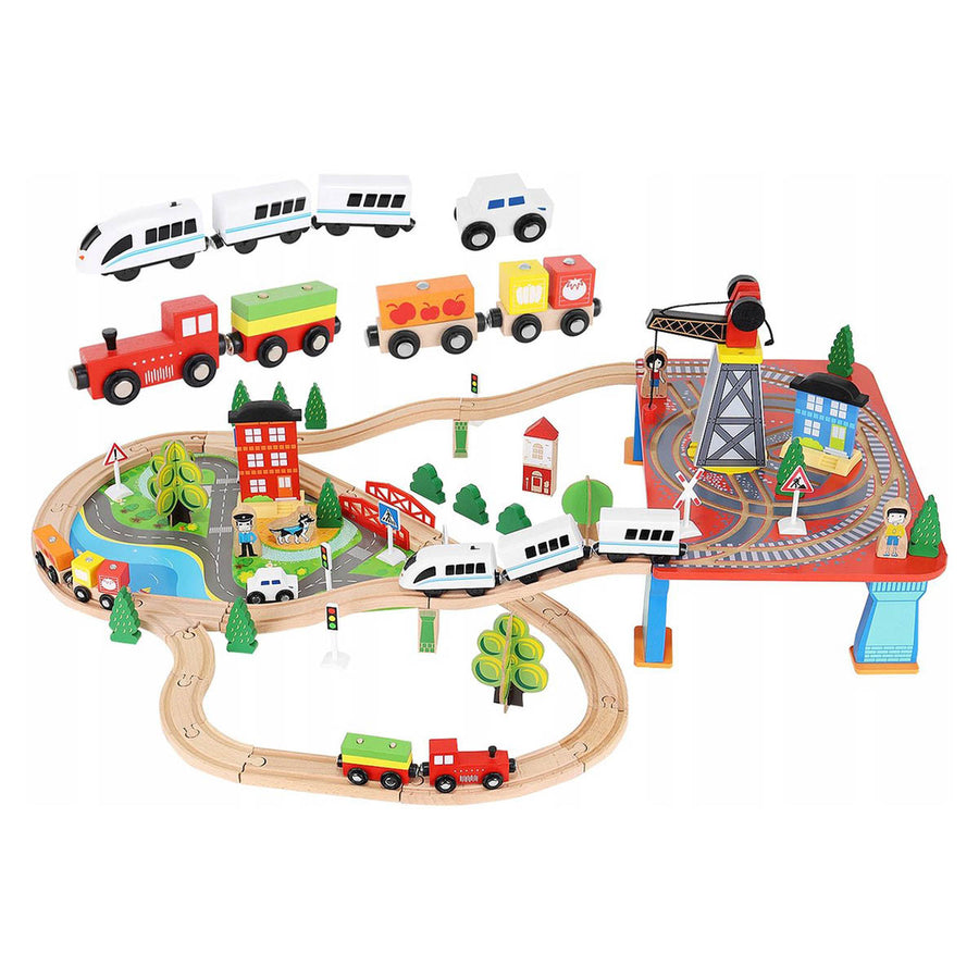 XXL Elektrische Houten Treinbaan Set - Set Met Elektrische Trein Met Locomotief - Speelgoedtrein Spoorbaan Rails - Spoorweg Treinset Electrisch - Treinset - 88-Delig - 330 Centimeter - Ariko