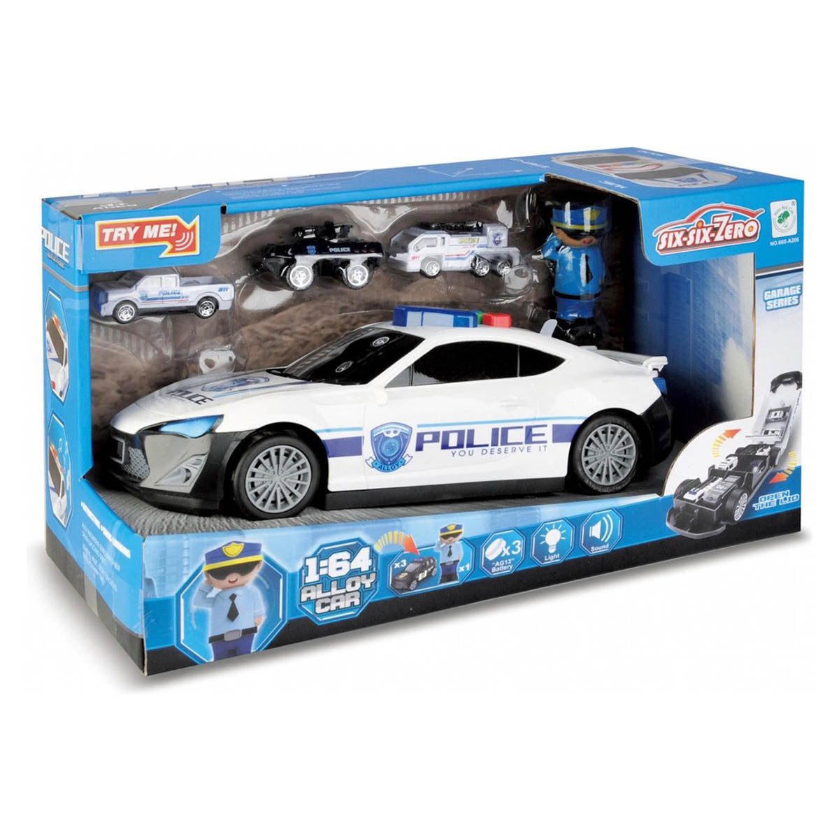 <tc>Ariko</tc> XL police car set - no less than 1:64 - 3 extra cars - storage compartments in the car - policeman - with light and sound - including batteries