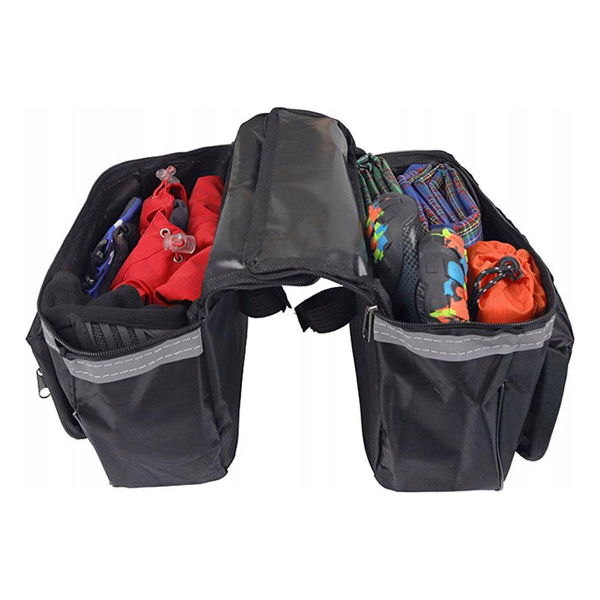 Luxus-Doppelgepäckträgertasche – Fahrradtasche – Große doppelte abnehmbare Gepäckträgertasche – Trunkbag – wasserdicht – Bikepacking-Taschenhalter – Trunkbag mit 4 Fächern – 28 Liter Stauraum – Schwarz