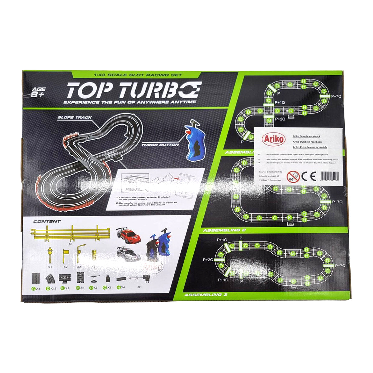 Ariko XL Racebaan - Dubbele Track - 3 banen - met adapter - 64 delig - 1:43 - Raceauto met verlichting - met turboknop op afstandsbediening