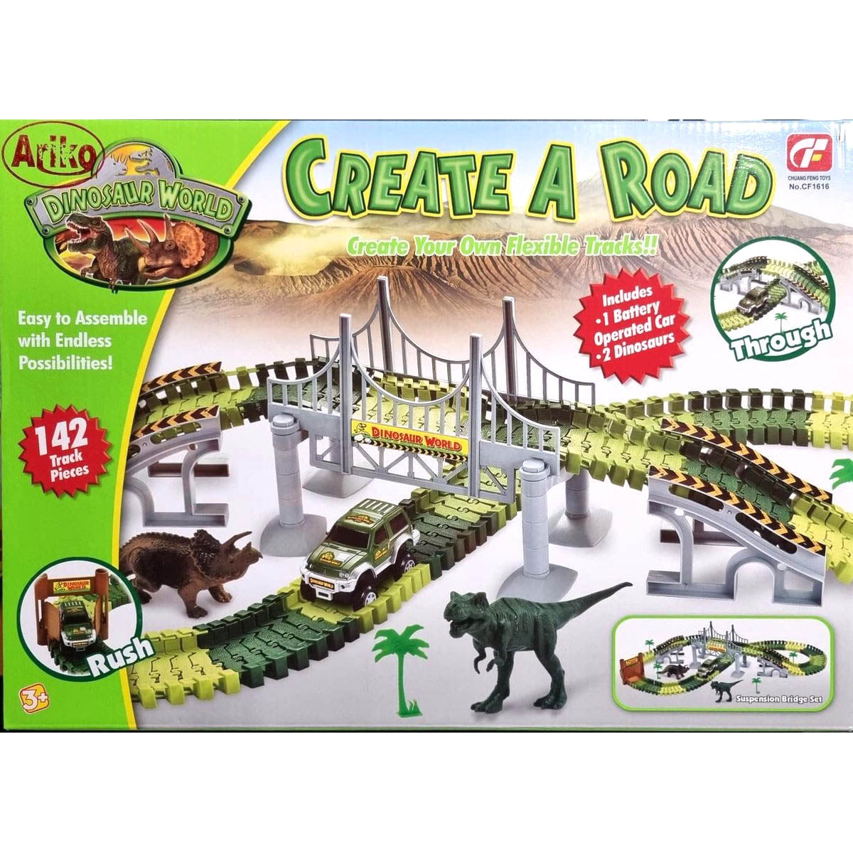 <tc>Ariko</tc> Autobahn with dinosaurs | race track jungle | with dinosaurs | dinosaur job | flexible race track | 6 different race tracks | with military vehicle | including batteries