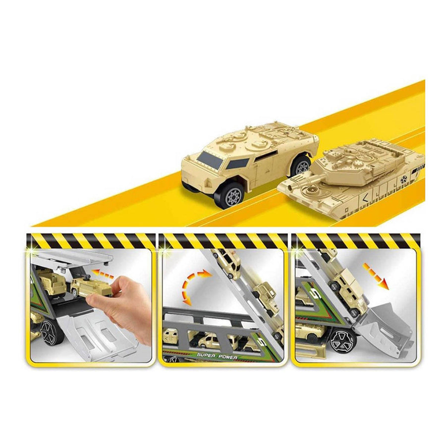 Ariko Militaire Auto Transport Truck - met 8 voertuigen en helikopters - beweegbare delen - opbergruimte voor 22 auto's