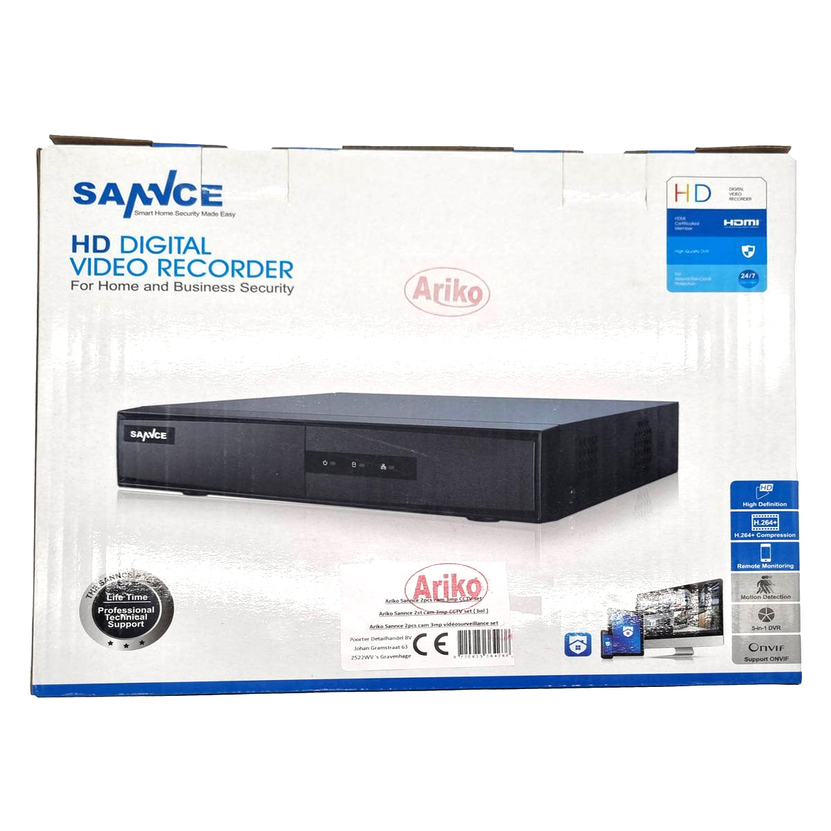 Ariko Sannce Camera CCTV-System, 2 x schwarze hochwertige 3MP-Überwachungskameras, Nachtsicht 25 mtr, online aufgezeichnete und Live-Bilder, einschließlich 1 TB Festplatte - niederländischer Helpdesk