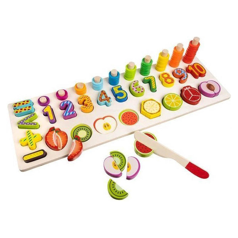 Ariko Educatief Houten 4-in-1 Cijfer en fruit Puzzel + Getallen Rekenpuzzel + Vormenpuzzel + Kleuren – Tellen en stapelen – Early Education Toy