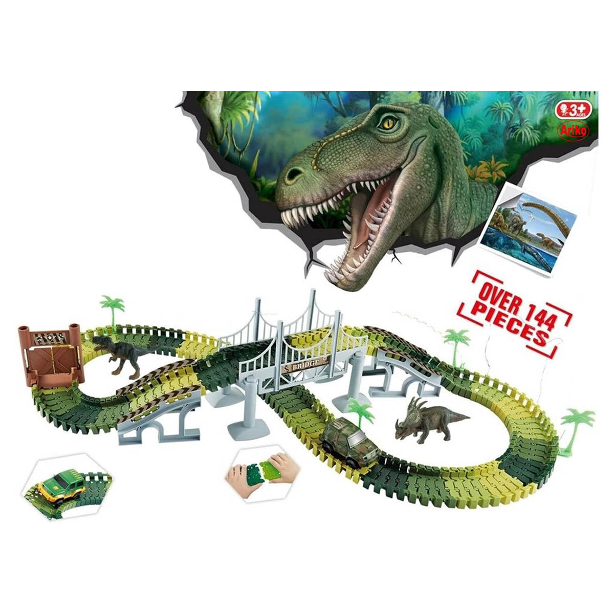 Ariko Circuit automobile avec des dinosaures | jungle de piste de course | avec des dinosaures | piste de dinosaure | piste de course flexible | 6 pistes de course différentes | avec véhicule militaire | y compris les piles