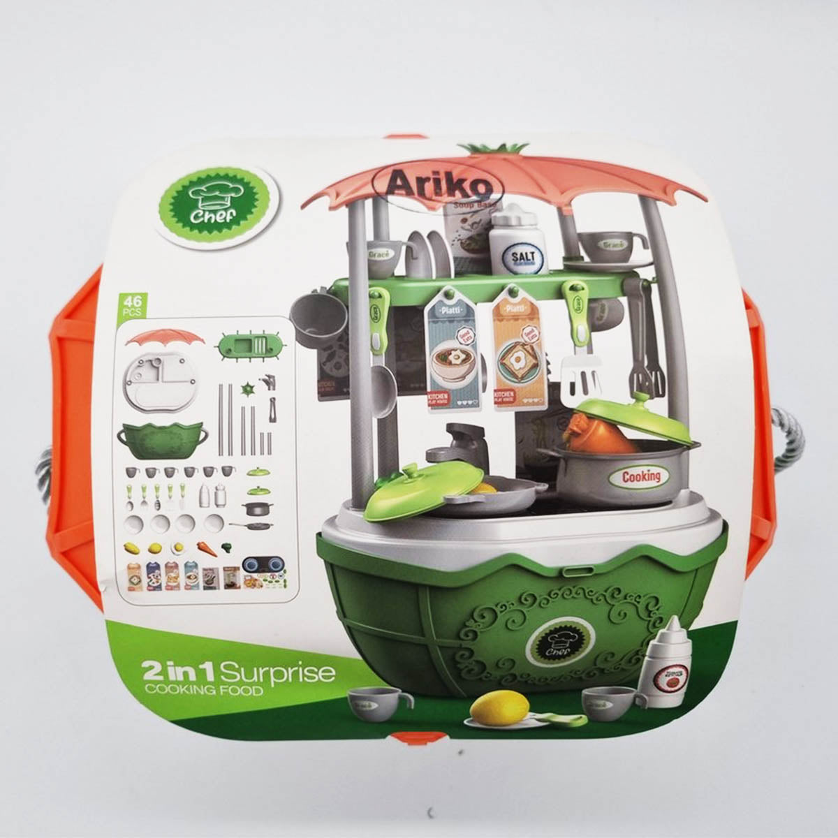 <tc>Ariko</tc>  Toy Suitcase Kitchen 46 Teile - Kochtöpfe, Gewürze, Geschirr, Spüle und vieles mehr - praktischer Koffer zum Mitnehmen