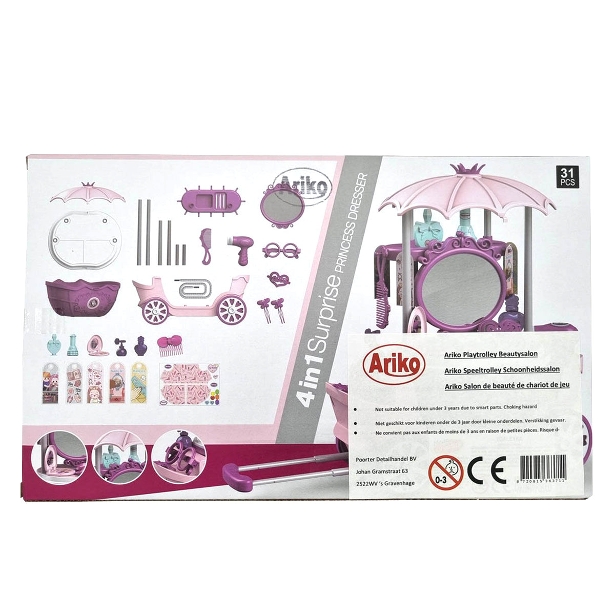 Ariko Speelgoed trolley Schoonheid salon 31 delig - Fohn, spiegel, make-up, parfum en nog veel meer - handige meeneem koffer met wieltjes