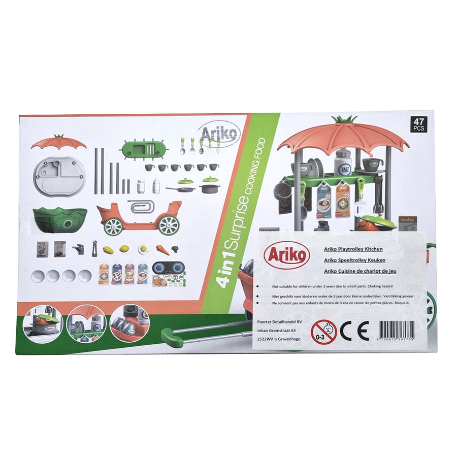 Ariko Speelgoed trolley Keuken 47 delig - Kookpannen, kruiden, servies, wasbak en nog veel meer - handige meeneem koffer met wieltjes