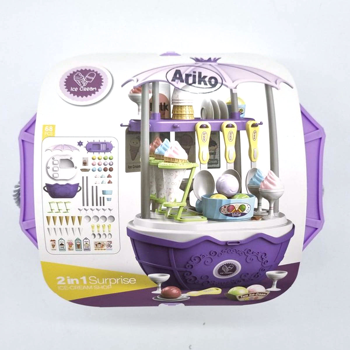 Ariko Speelgoed Koffer Ijssalon wagen winkel 68 delig - Softijs, italiaans ijs, servies, hoorntje en nog veel meer - handige meeneem koffer