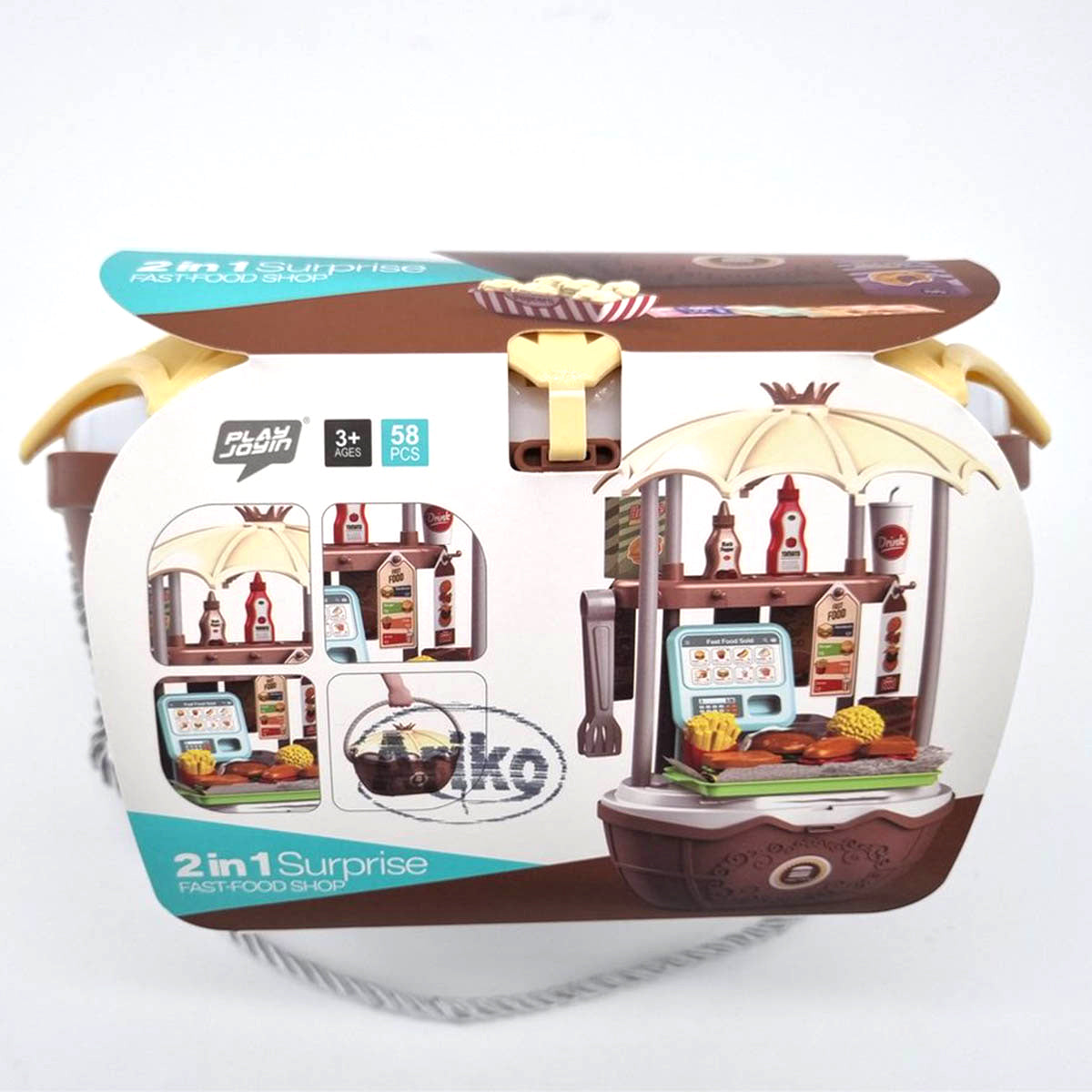<tc>Ariko</tc>  Toy Suitcase Fast-food shop 58 pieces - hamburgers, popcorn, sauces, tongs and much more - handy take-along suitcase