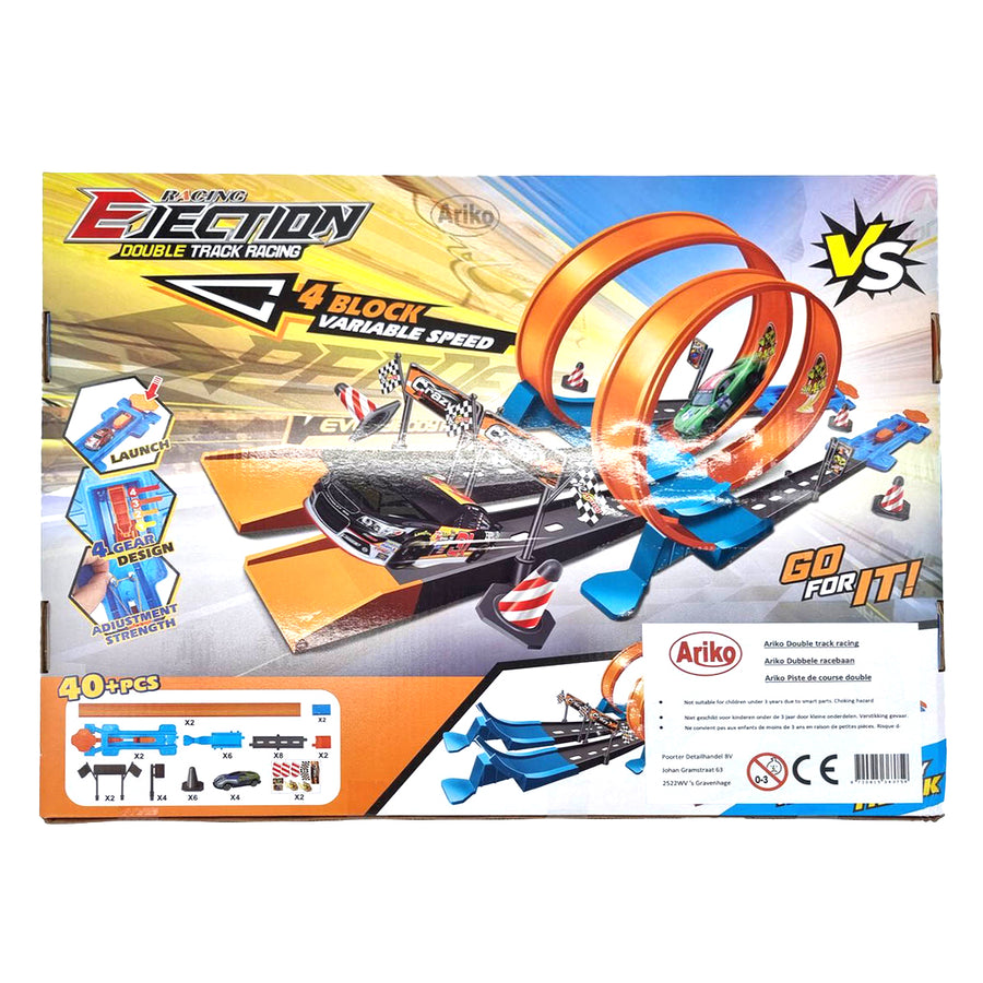 Ariko Dubbele Track Racebaan - 40 delig - Twee louping - Twee lounchers in 4 versnellingen - 3 in 1 - 4 auto's - met puntensysteem