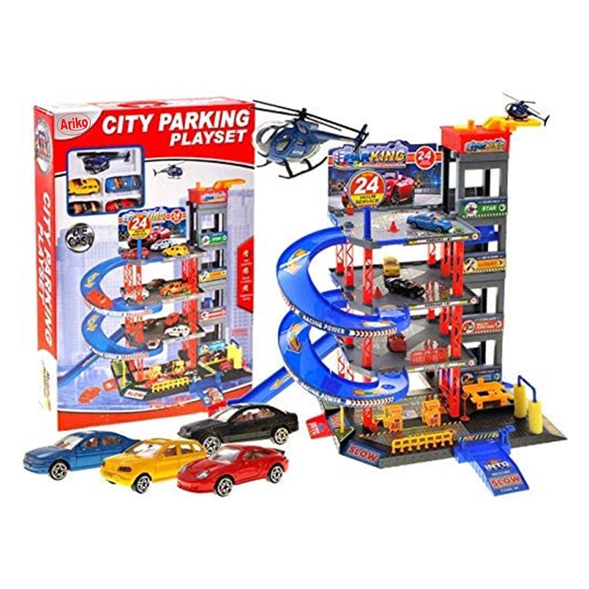 Ariko XXL Parkeergarage - Garage speelset - 4 auto's - helicopter - lift - wasstraat - helicopter platform - accessoires
