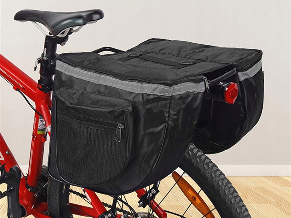 Luxus-Doppelgepäckträgertasche – Fahrradtasche – Große doppelte abnehmbare Gepäckträgertasche – Trunkbag – wasserdicht – Bikepacking-Taschenhalter – Trunkbag mit 4 Fächern – 28 Liter Stauraum – Schwarz