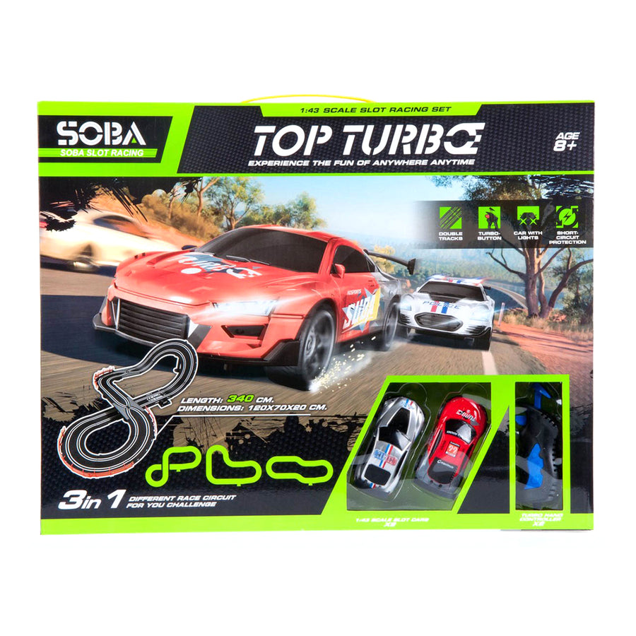 <tc>Ariko</tc>  XL-Rennstrecke - Double Track - 3 Tracks - mit Adapter - 64 Teile - 1:43 - Rennwagen mit Beleuchtung - mit Turbo-Taste auf der Fernbedienung