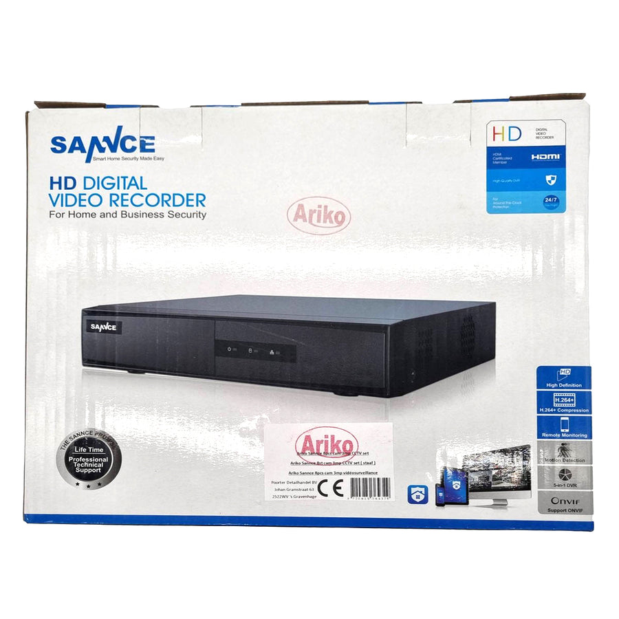 Ariko Sannce Camera CCTV systeem, 8x Zwarte hoge kwaliteit 3MP beveiliging camera's, Nachtzicht 25 mtr, Online opgenomen en live beelden bekijken, inclusief 1TB harde schijf - Nederlandstalige helpdesk