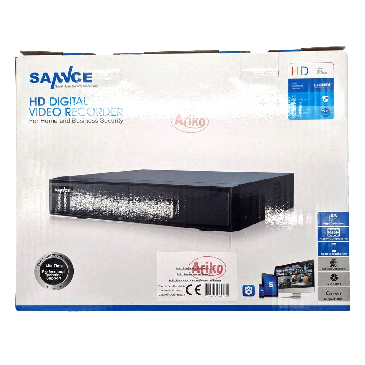 Ariko Système de vidéosurveillance Sannce Camera, 8 x caméras de sécurité 3MP noires de haute qualité, vision nocturne 25 mtr, images enregistrées et en direct en ligne, y compris disque dur de 1 To - Helpdesk néerlandais