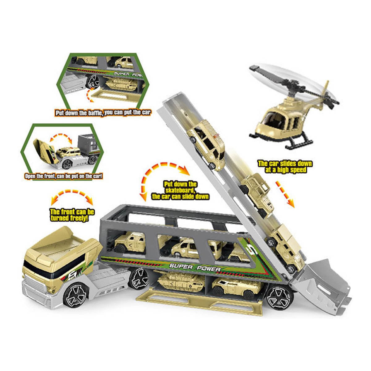 Ariko Militärischer Autotransportwagen - mit 8 Fahrzeugen und Hubschraubern - bewegliche Teile - Stauraum für 22 Autos