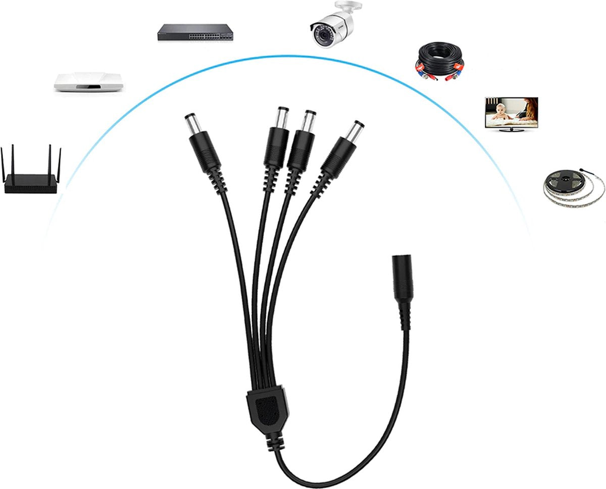 4-Wege-Splitterkabel – Verlängerungskabel – für CCTV-Kamera, TV-Box, Router & mehr – Adapter – 1x DC (V) auf 4x DC (M)