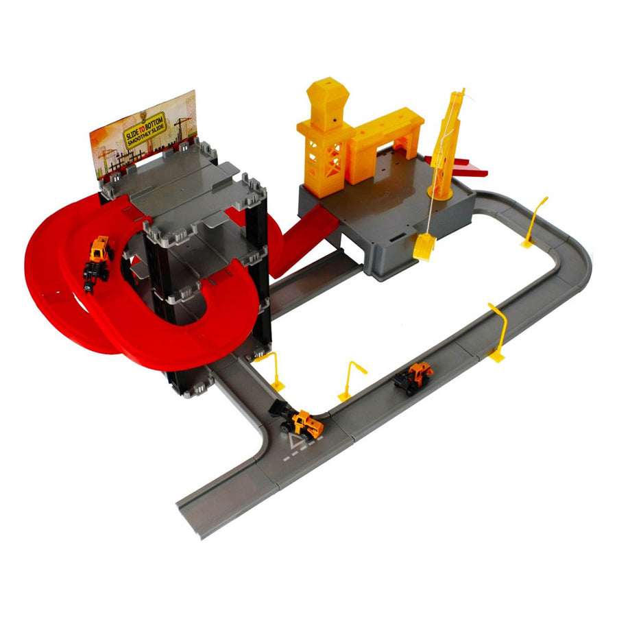 Ariko Parkeergarage met constructie gebouw - met werkende kraan, 5 auto's, 3 bulldozers, diverse verkeersattributen - met licht & geluid - inclusief 3 x Philips AA batterijen