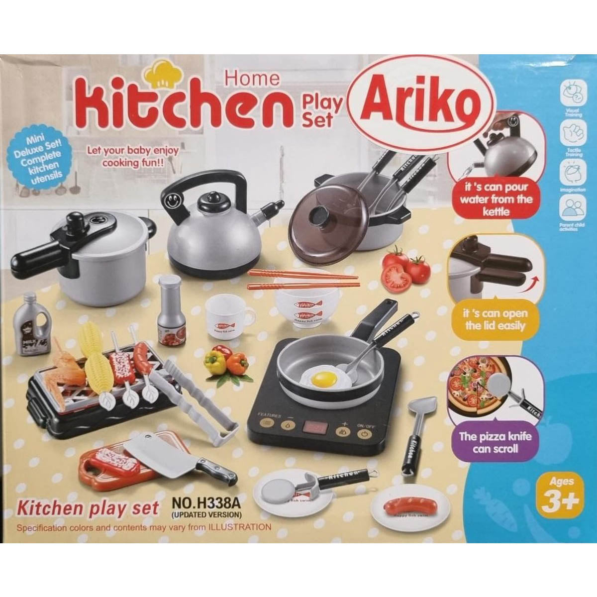 Ariko Speelgoedkeuken accessoire set | 44- delig | Keukengerei met keuken benodigdheden | Etenswaren | Kookplaat | Fluitketel | Snijplank | Inclusief 3 x Philips AA batterijen