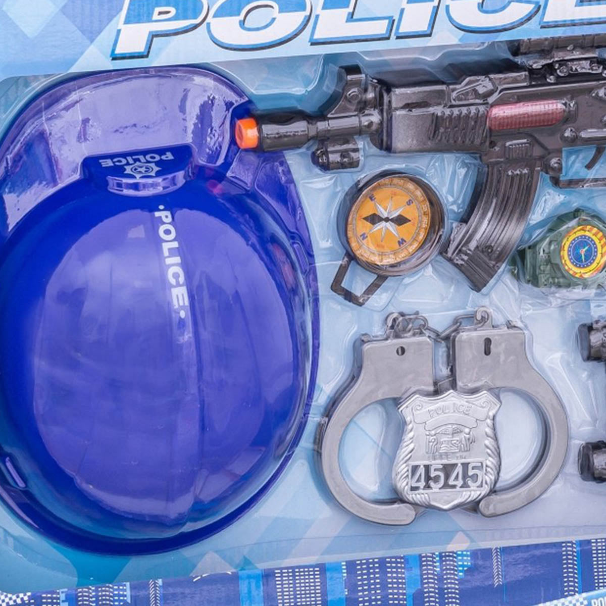 <tc>Ariko</tc>  Luxus-Polizei-Spielset | 7 Stück | Polizeihelm | Handschellen | Polizeiabzeichen | Kompass | Spielzeug-Maschinengewehr | Fernglas