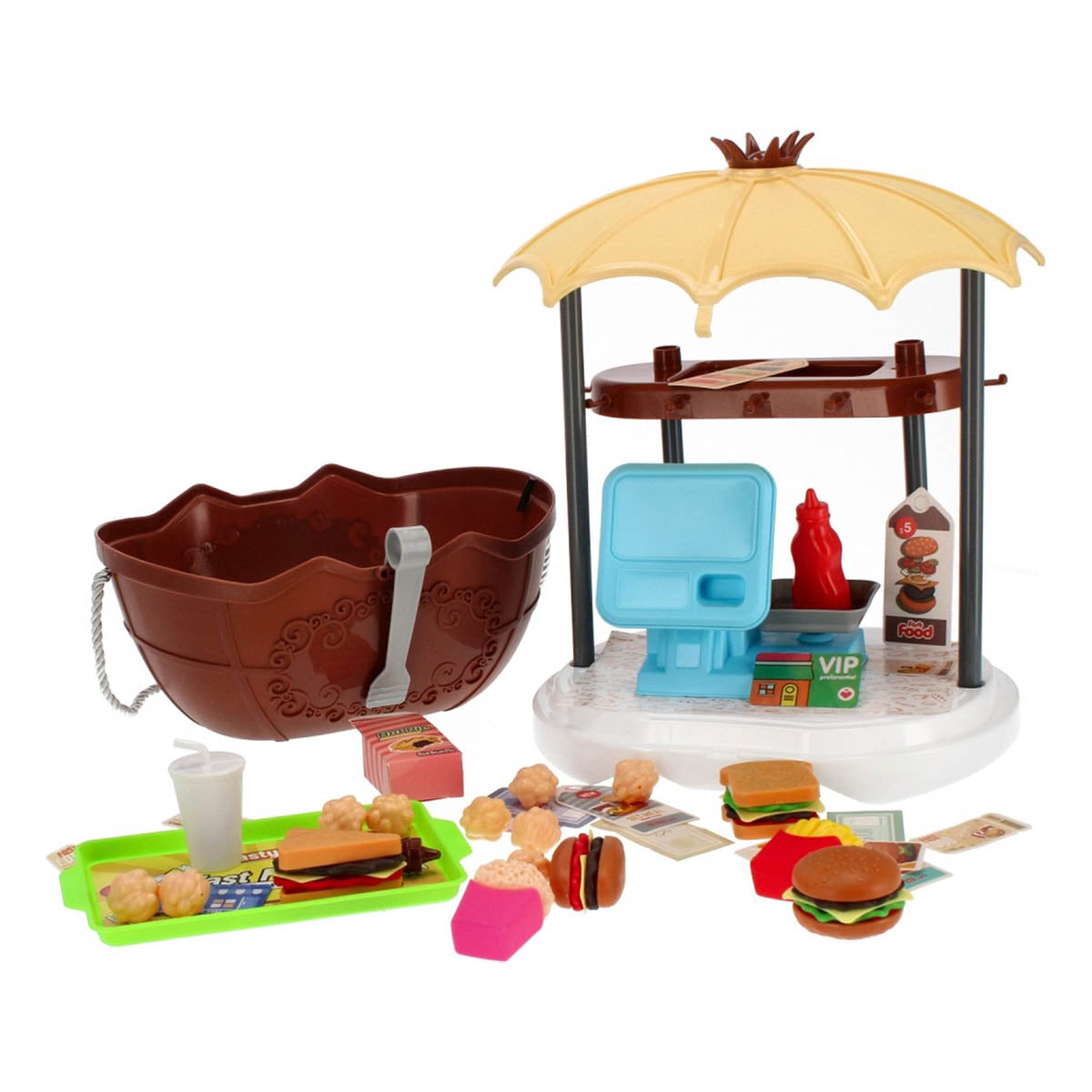 <tc>Ariko</tc>  Toy Suitcase Fast-food shop 58 pieces - hamburgers, popcorn, sauces, tongs and much more - handy take-along suitcase