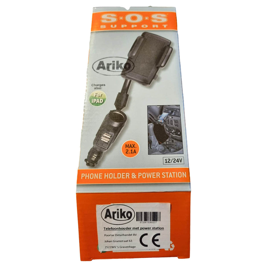 Ariko Smartphonehouder met Auto USB-oplader - Universele Auto Telefoonhouder met 2 USB poorten - voor 12 en 24 volt Aansteker Aansluiting