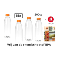 Thumbnail for 15x Flesje PET helder 500cc met oranje dop - drinken jus sinas cola sappen dranken