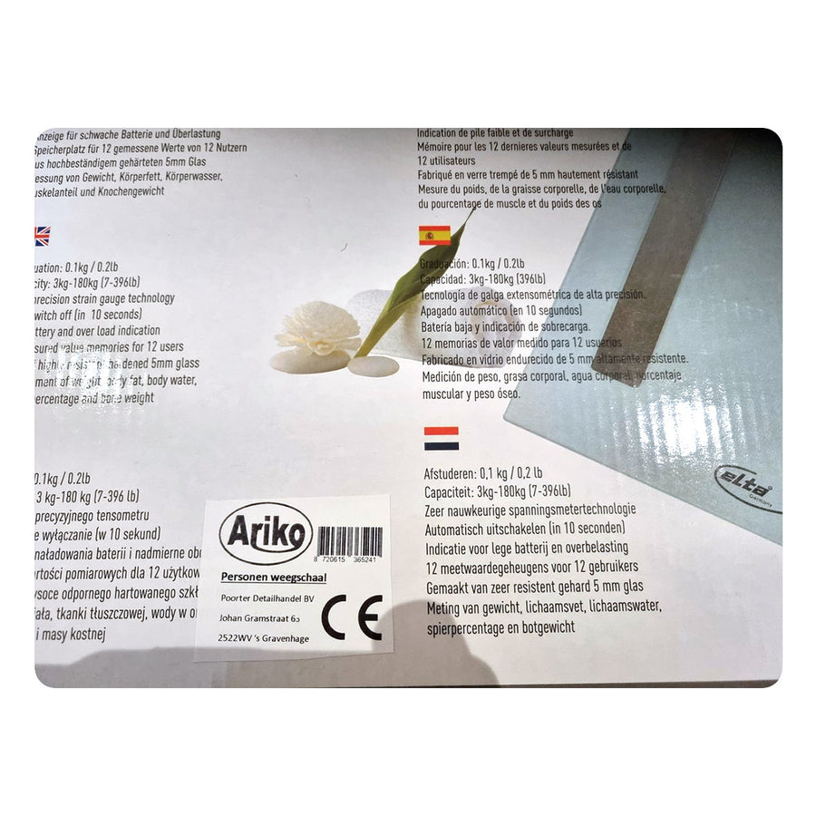 Ariko Elta Digitale Body - Fit Weegschaal - Personenweegschaal - Analyseweegschaal - Wit - Grijs - Afmetingen 28 x 28 x 2.5 Cm - Maximaal 180 KG - Inclusief 2 x AAA batterijen