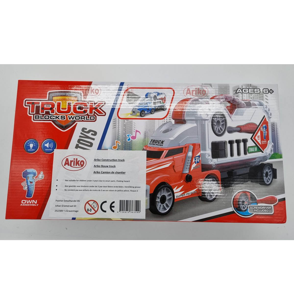 <tc>Ariko</tc> Truck with tool box - with light and sound - tinker with your truck yourself - with traffic signs, cones, spare wheel and tools - including batteries